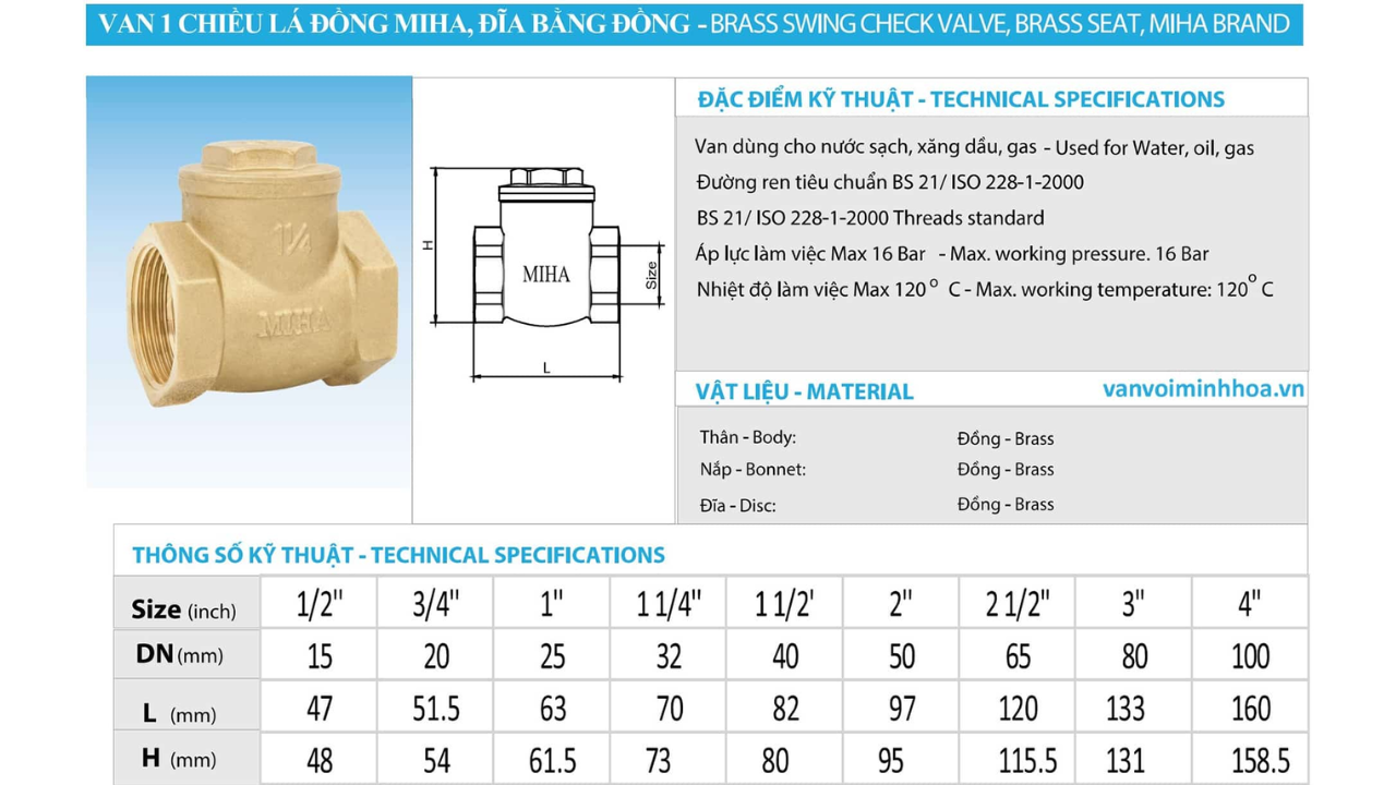 Van một chiều lá đồng MIHA đĩa bằng đồng lý tưởng cho nước sạch